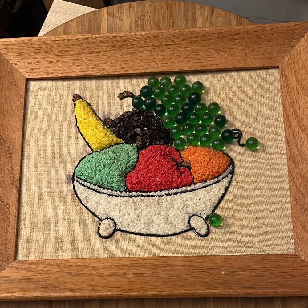 VTG MCM Pebble Art Fruit Bowl Wall Decor Framed Retro 1960s Kitchen Gravel Art